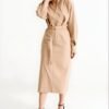 Women’s Belted Zip-Front Shirt Midi Dress