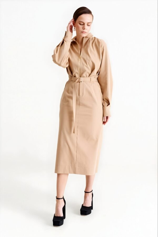 Women’s Belted Zip-Front Shirt Midi Dress