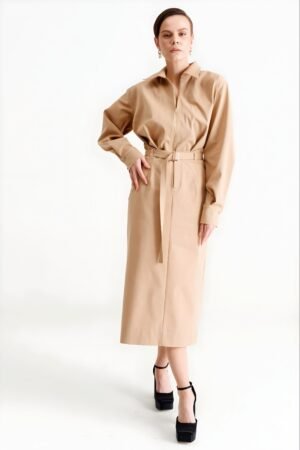 Women’s Belted Zip-Front Shirt Midi Dress