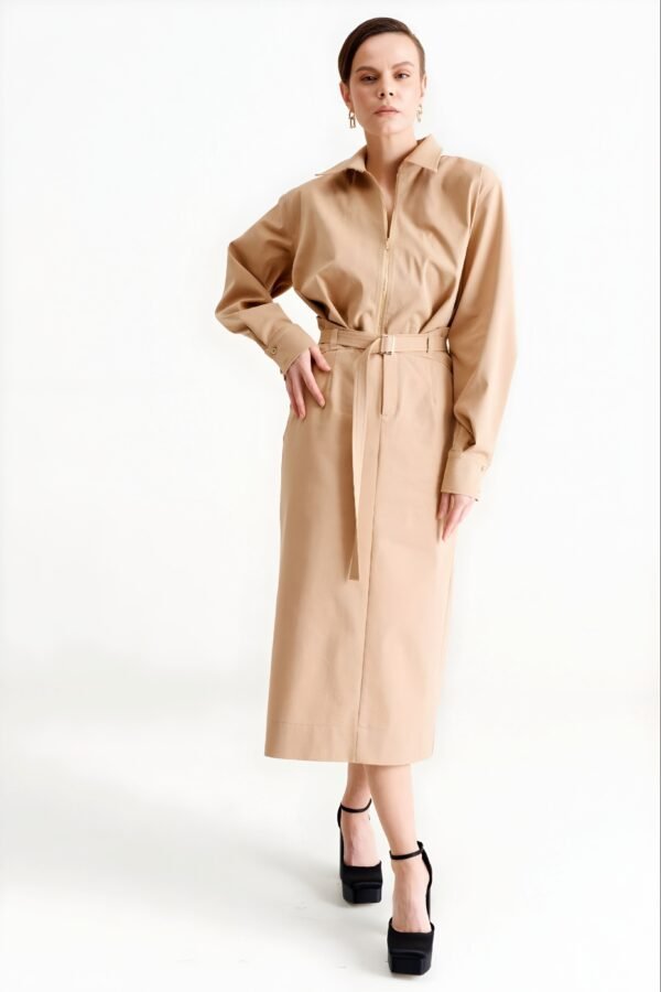 Women’s Belted Zip-Front Shirt Midi Dress